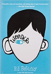 Cover of book Wonder. Illustration of face with only one eye on it and word wonder above the eye