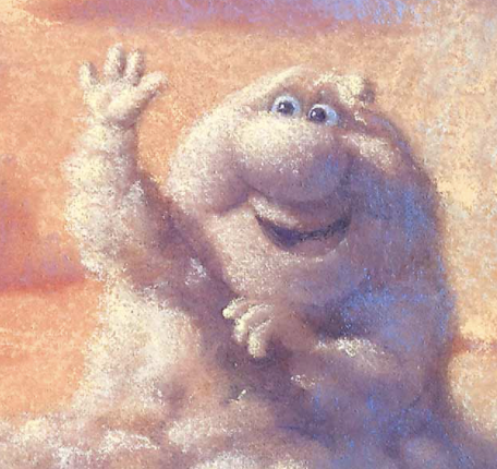 Illustration from the short film "Partly Cloudy" that features a puffy cloud with arms and a smiling face