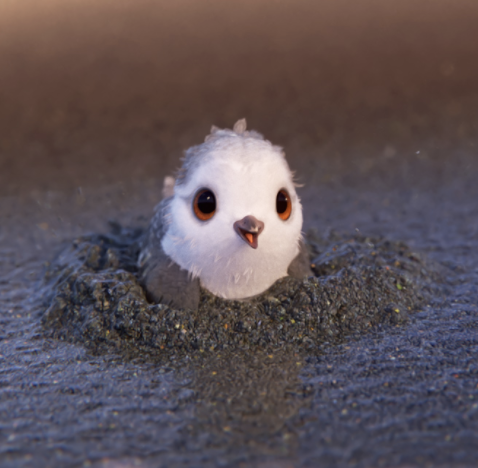 Screengrab from the Pixar animated film "Piper" featuring a very small and cute bird sticking its head out of the sand