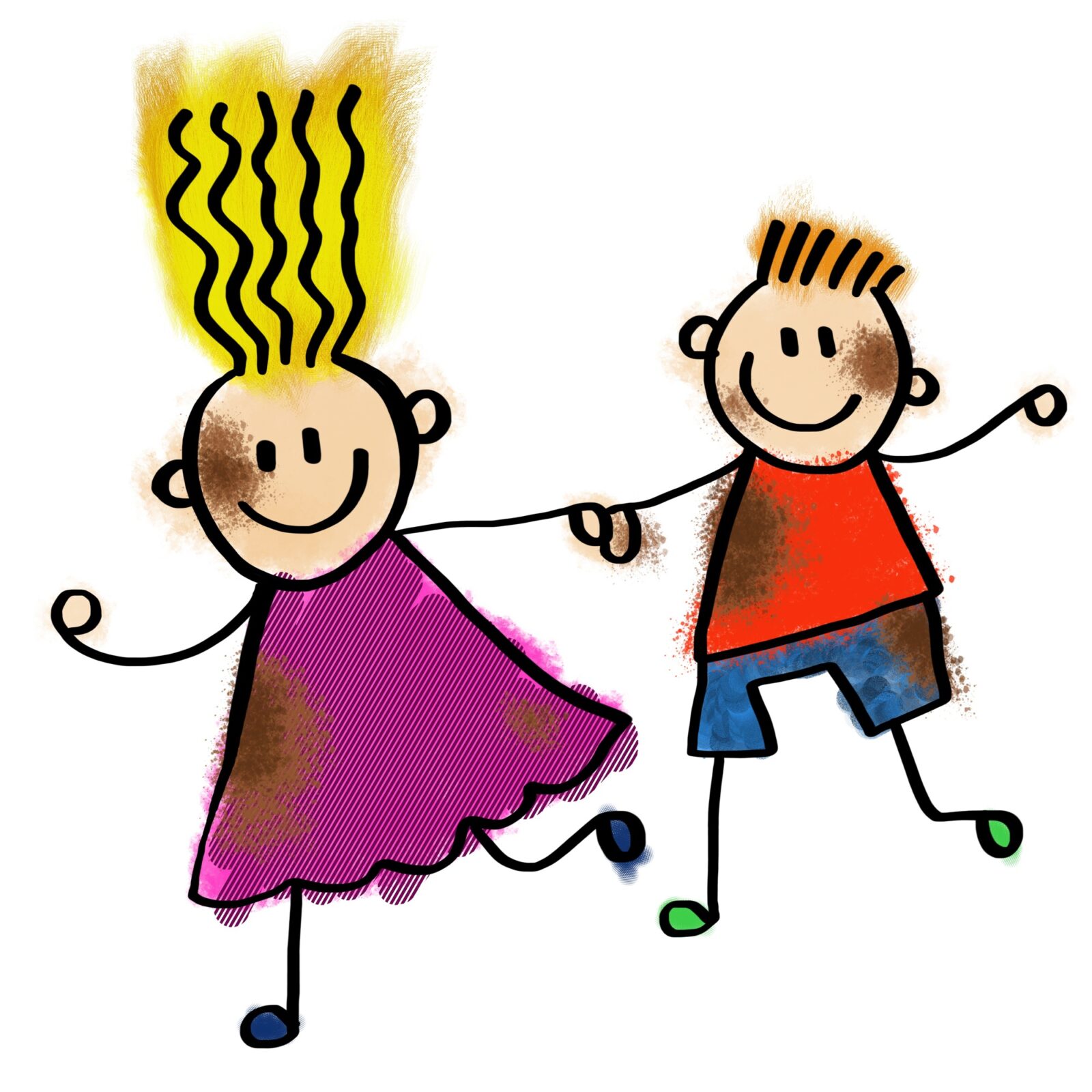 child-like drawing of a girl and boy
