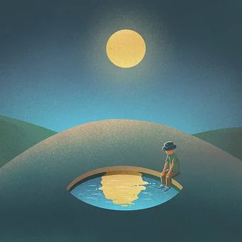 drawing of man siting by reflection of the moon