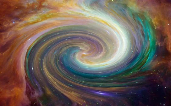 Colorful painting of swirling galaxy.