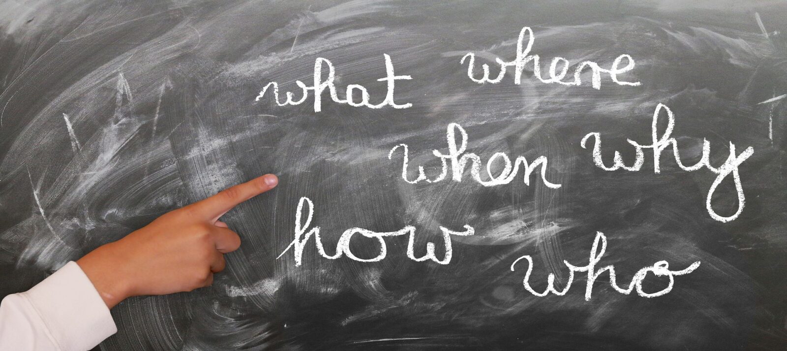 hand pointing at writing on chalkboard "What where when why how who"