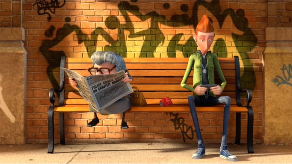 Screengrab from the animated short film "Snack Attack" featuring an elderly woman sitting next to a young man on a bench