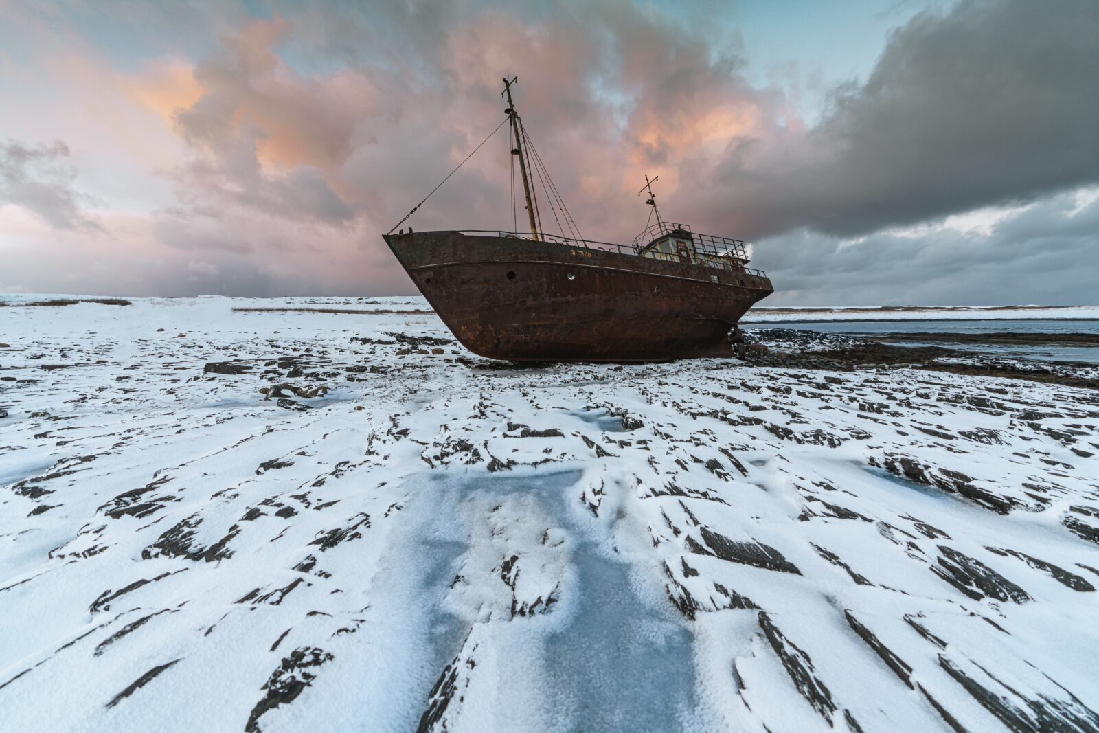 ship landed on icy covered land